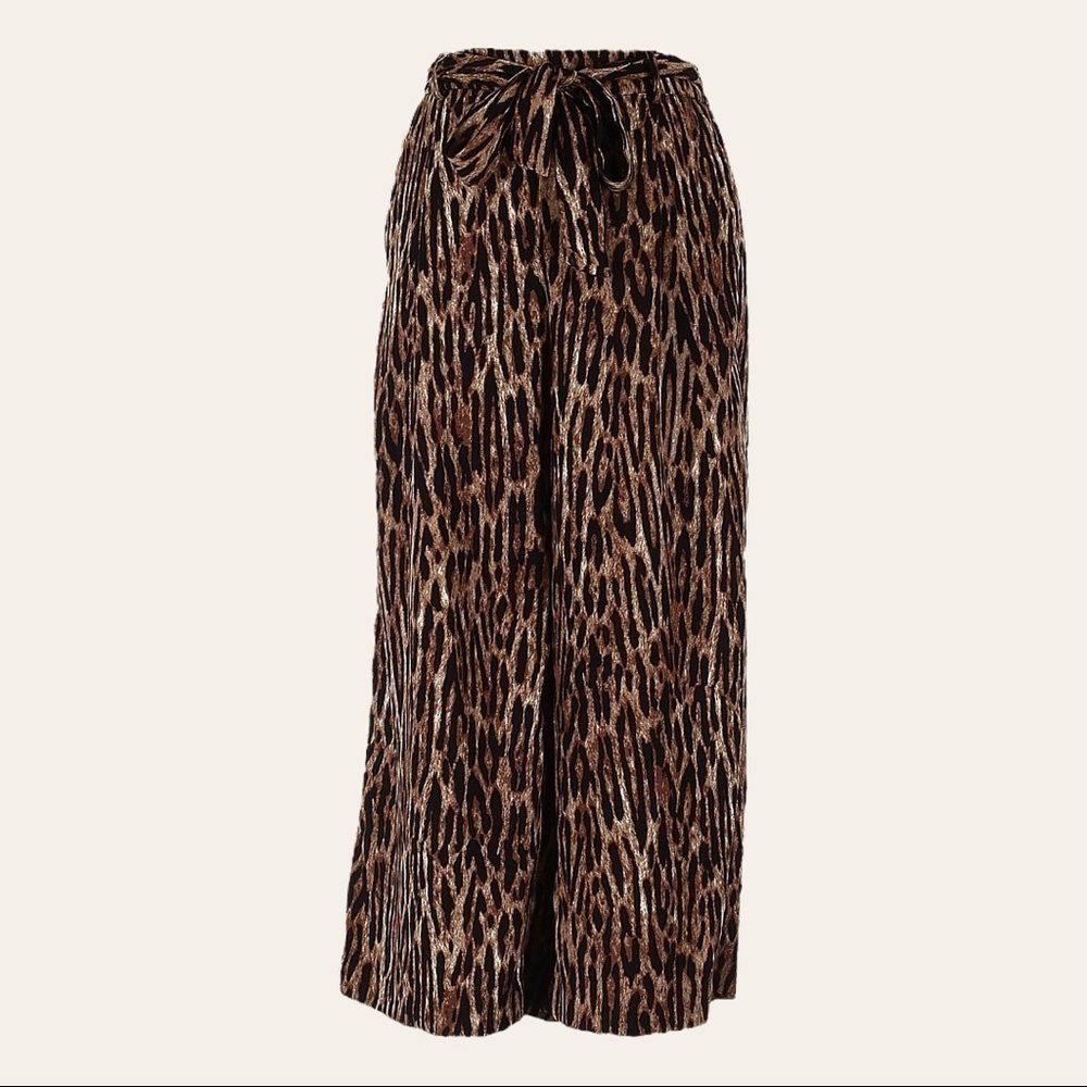 Tahari Tie Waist Wide Leg Crop Palazzo Leopard Print Pants Size XS NWT